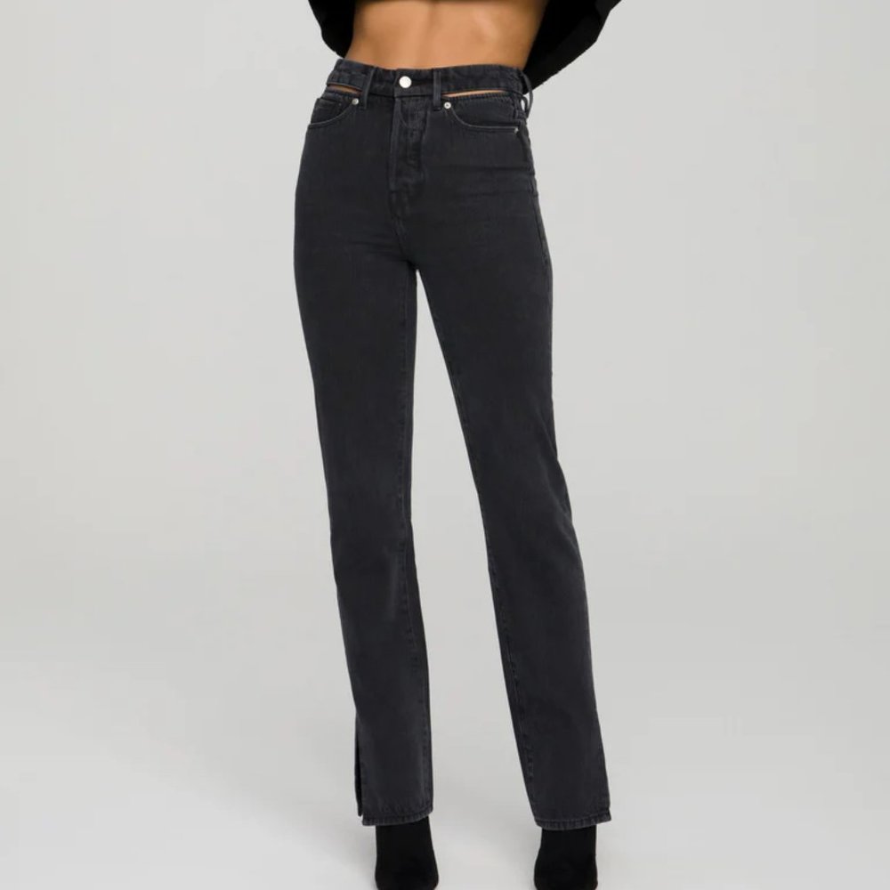 New Good American Jeans Size 6 28 Good Boy Black Ripped High Waist Straight Leg
